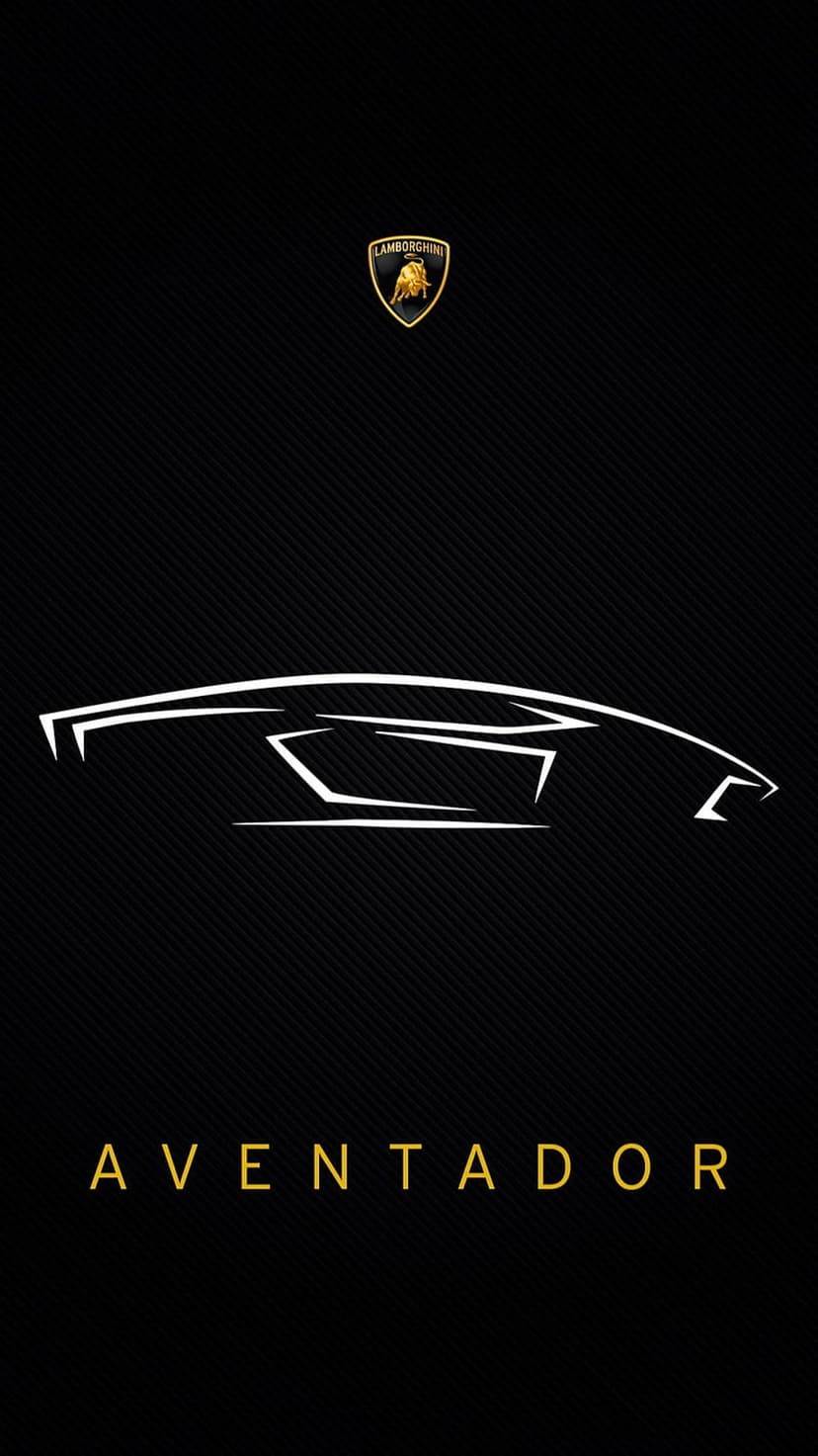 White Lamborghini Aventador outline with a golden shield logo on a black background for mobile screens.