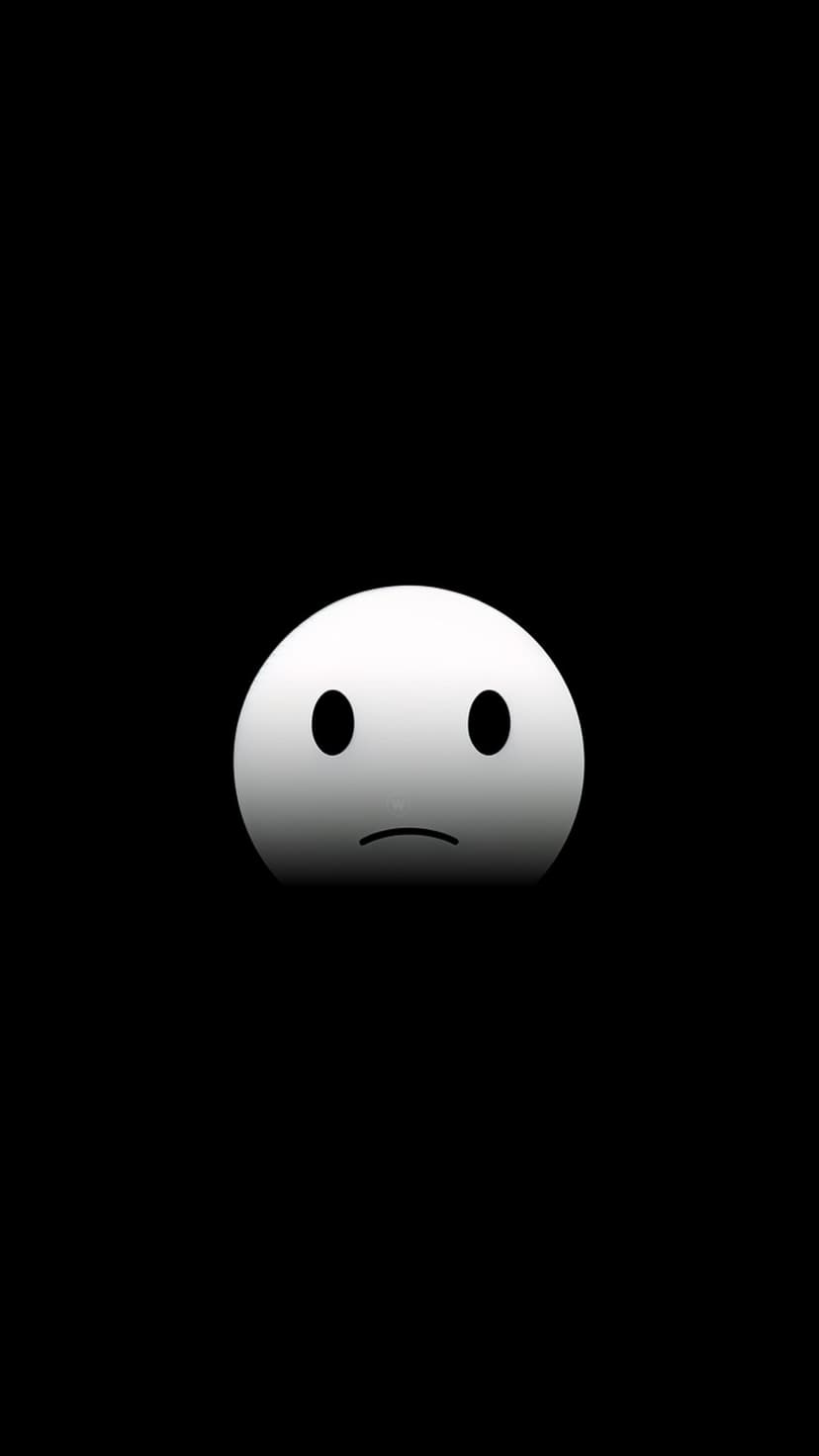 White sad face emoji with a downturned mouth and hollow eyes centered on a solid deep black background.