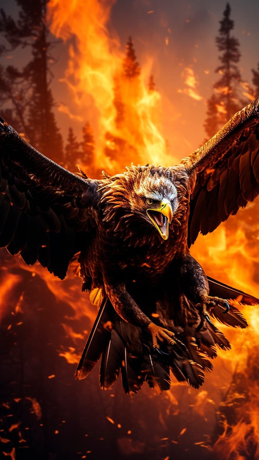 Eagle with expansive wings glides over a blazing forest fire amidst glowing embers and dark tree silhouettes.