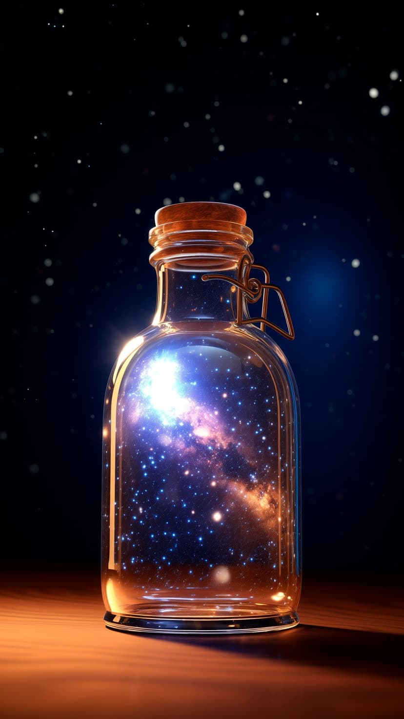 Glass jar containing a glowing purple nebula and stars rests on a wooden table against a dark background.