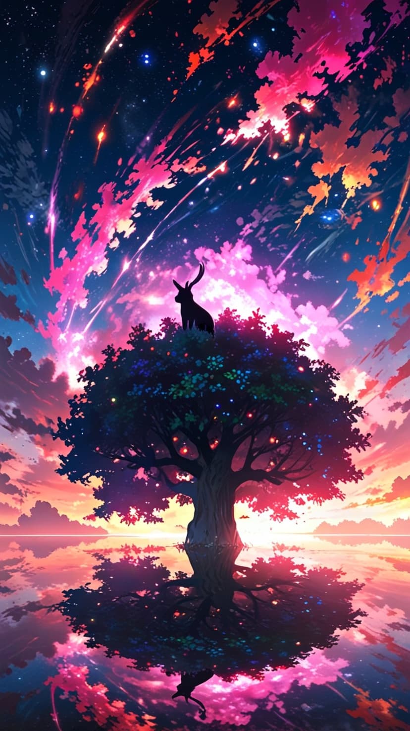 Deer silhouette on a glowing tree reflects in calm water under a vibrant pink and blue celestial meteor shower.