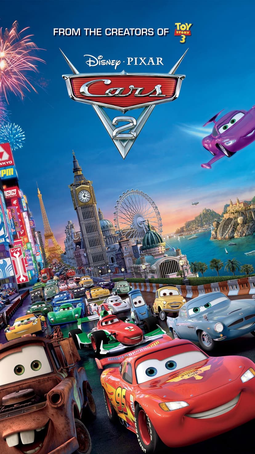 Lightning McQueen and Mater lead a fleet of race cars through Tokyo and London in a cinematic poster scene.