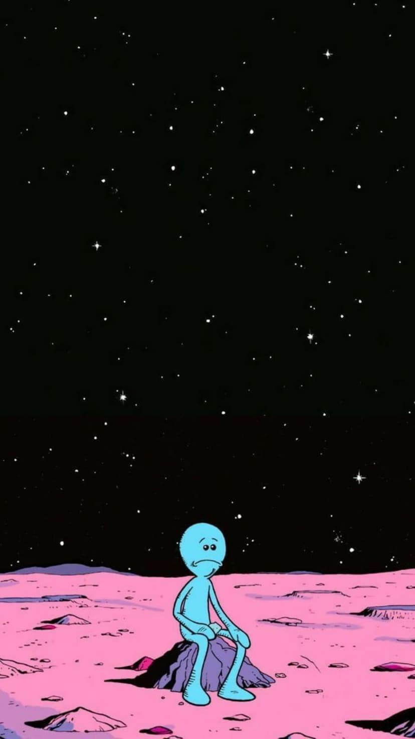 Mr. Meeseeks sitting on a pink rock on an alien planet under a black night sky filled with many bright white stars.