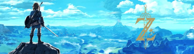 Link stands on a cliff overlooking a vast blue landscape with a volcano and a large gold Z logo on the right.