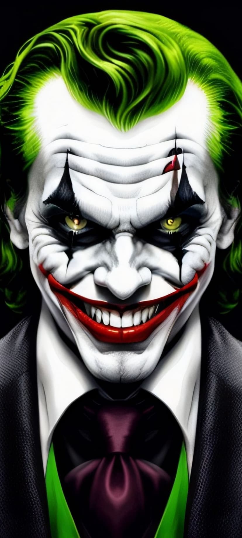 Joker displays a menacing red smile, smeared black eye makeup, and messy green hair against a dark background.