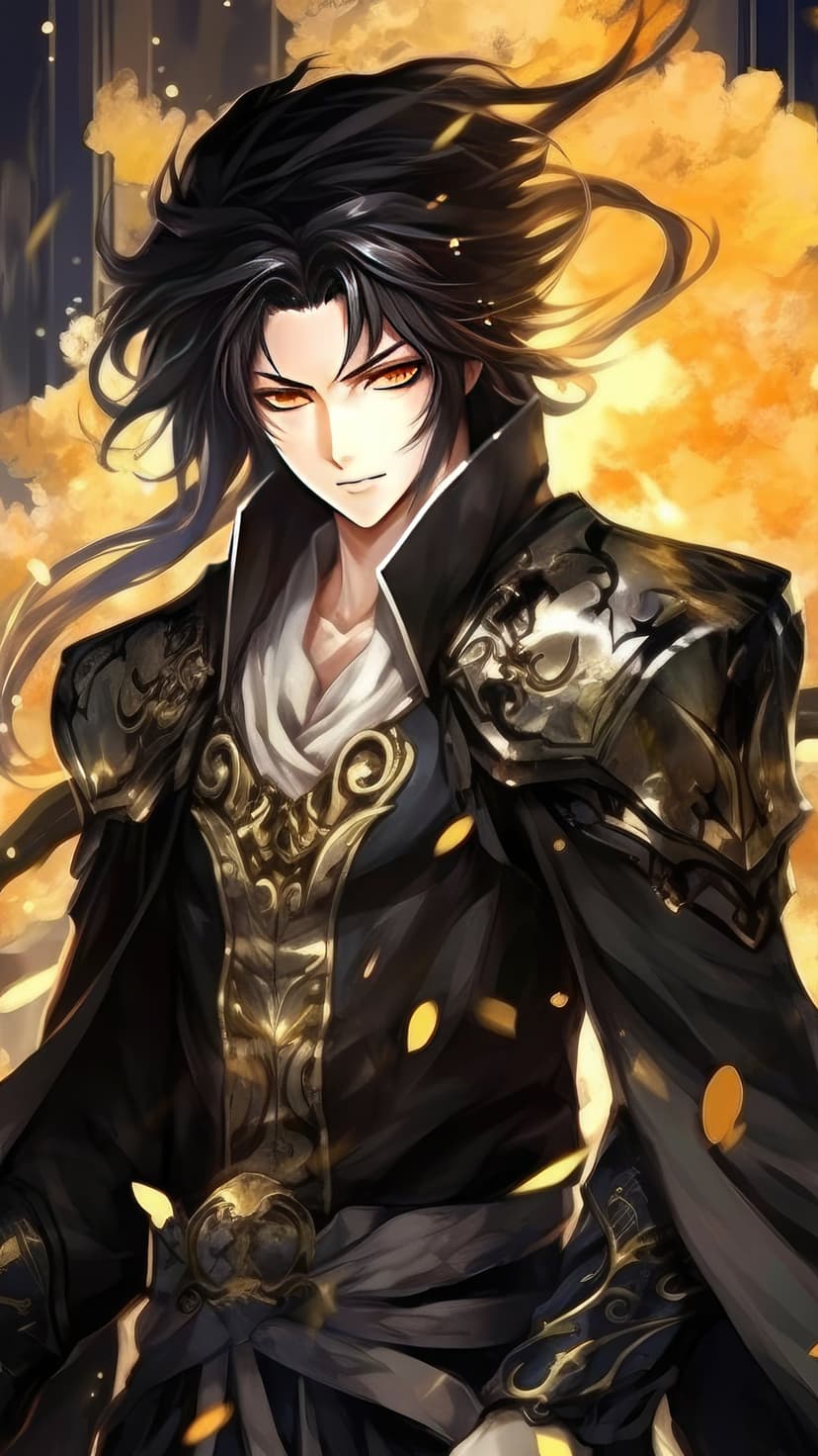 Dark-haired warrior with glowing golden eyes wearing black and gold armor against a fiery orange backdrop.