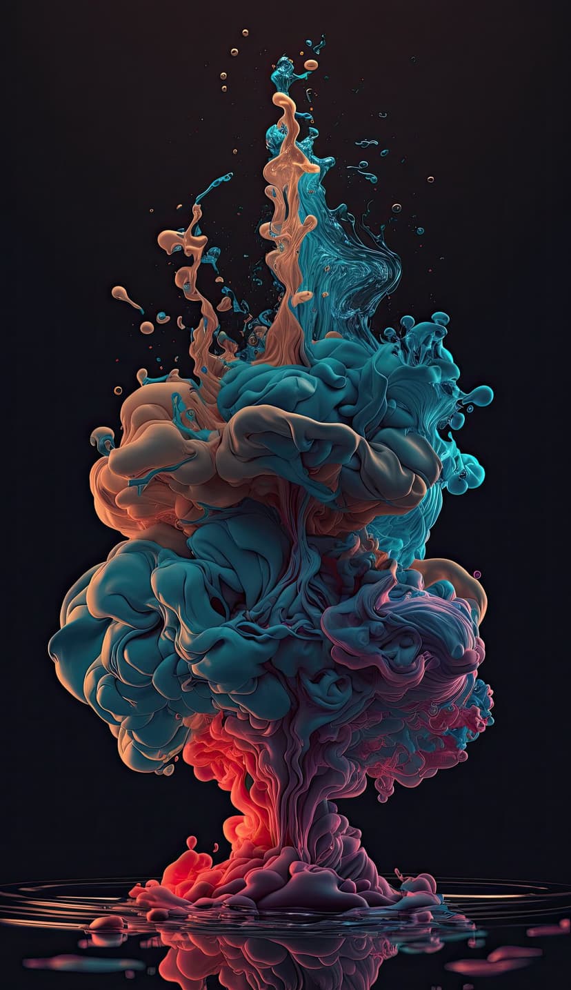 Teal and magenta ink plumes swirl upwards against a dark background in a vertical fluid motion composition.