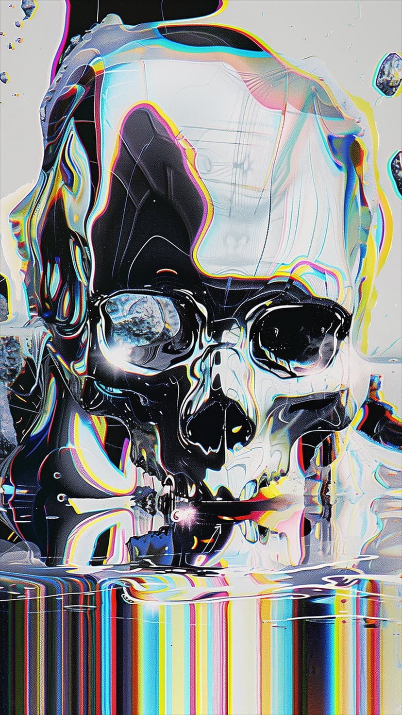 Skull with chromatic aberration and colorful distorted light reflections against a dark, high-contrast background.