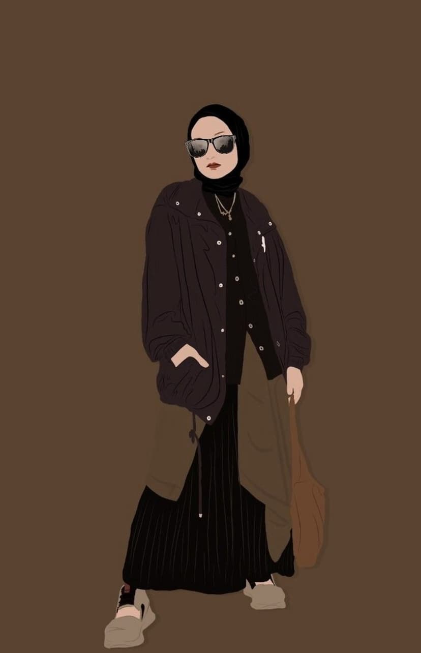 Woman wearing a black hijab, oversized jacket, and pleated skirt holding a large brown tote bag with trendy sneakers.