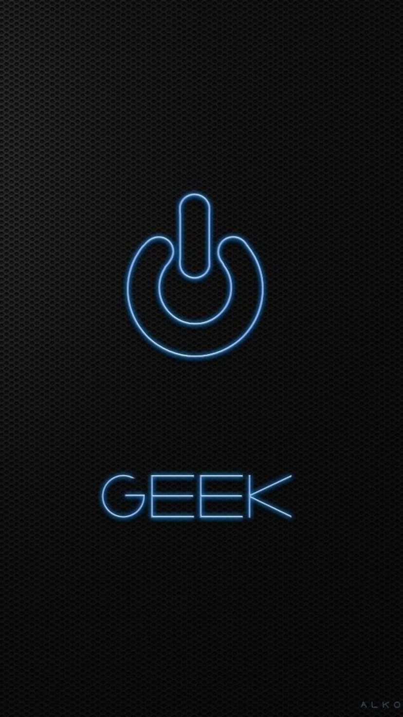 Blue neon power symbol and the word GEEK glow against a dark grainy background in this vertical tech composition.