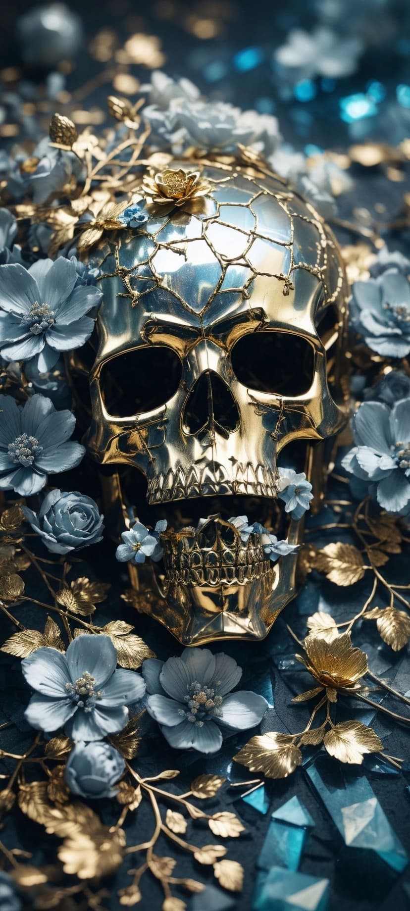 Golden skull with woven metal texture decorated with blue flowers and gold leaves in a vertical composition.