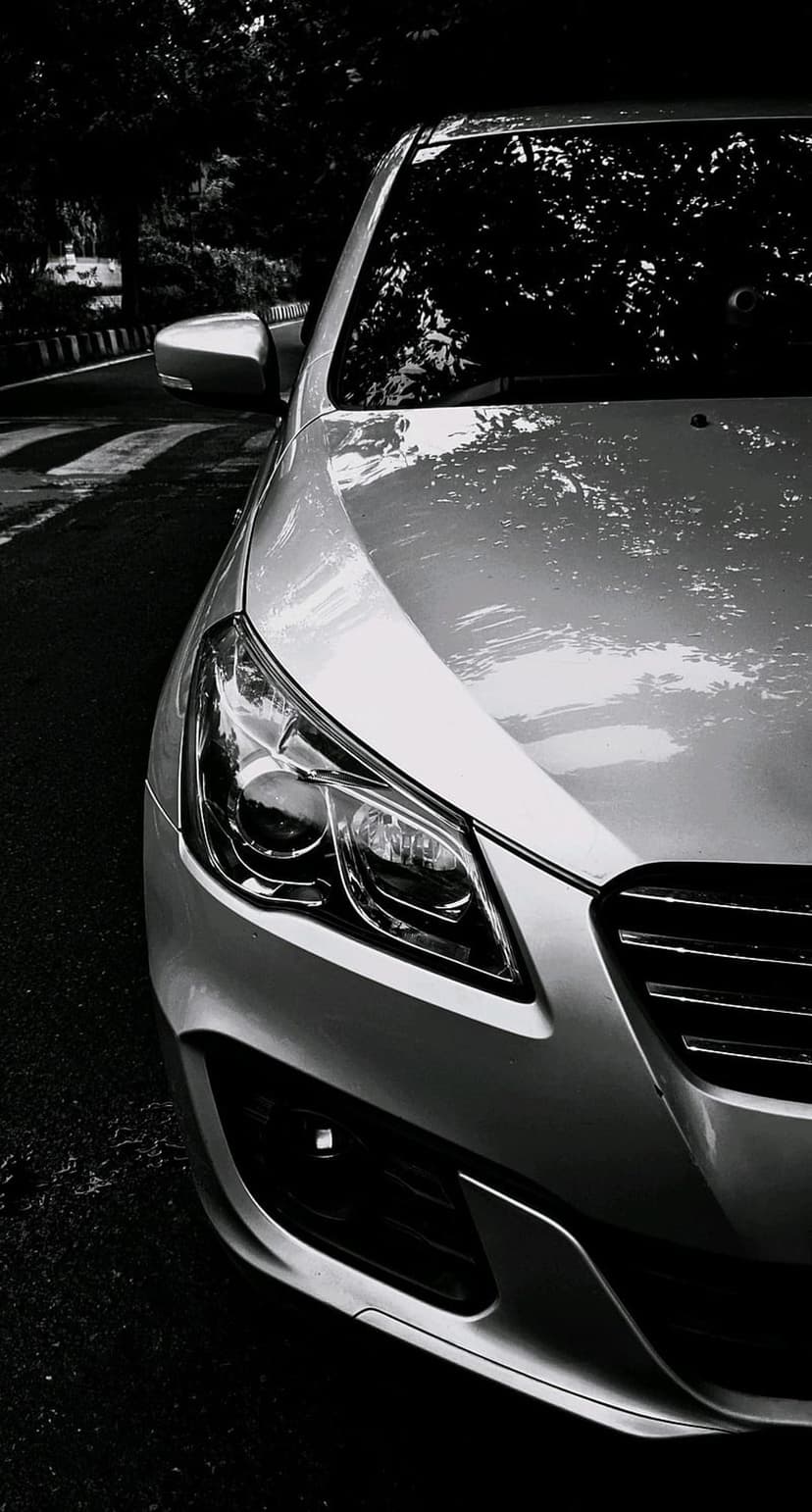Silver car headlight and grille with tree reflections in a high-contrast black and white vertical composition.