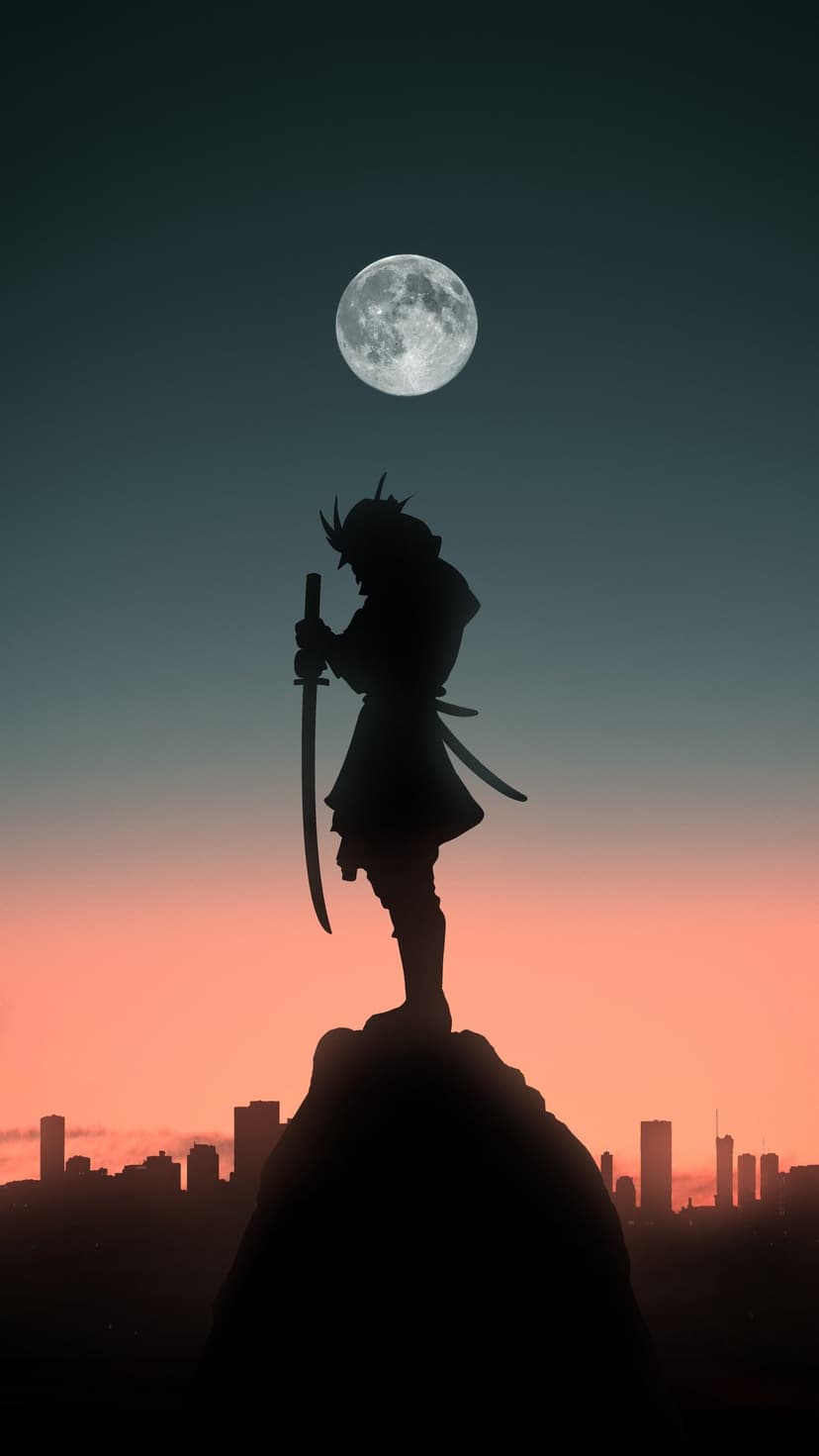 Samurai warrior holding a katana on a rocky cliff overlooking a lit city under a sunset and full moon.