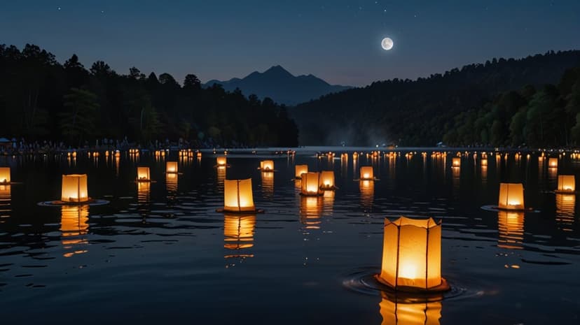 Glowing paper lanterns floating on a dark lake reflect light below a bright full moon and distant hills.