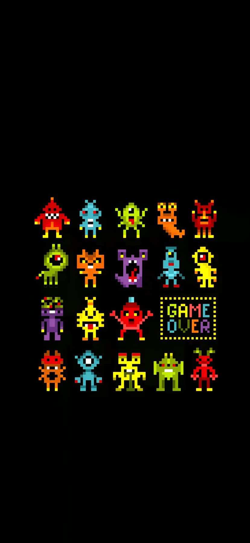 Neon 8-bit pixel monsters in rows above a red Game Over message on a solid black background for phone screens.