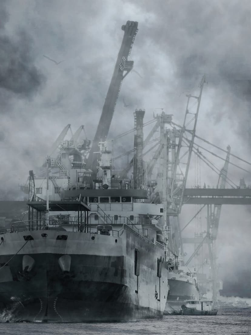 Industrial cranes and large cargo ships sit docked in a dense maritime fog during a gray monochromatic morning.