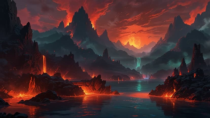 Molten orange lava flows from dark jagged cliffs into glowing turquoise water under a smoky crimson sky.