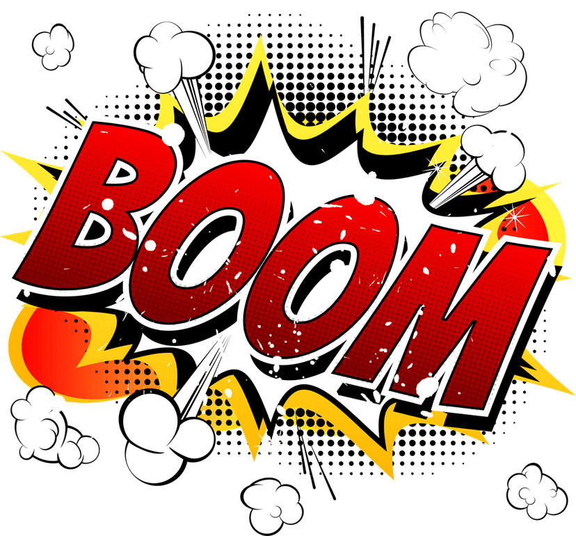 Boom comic explosion cloud featuring vibrant primary colors, jagged edges, and a retro pop art halftone pattern.