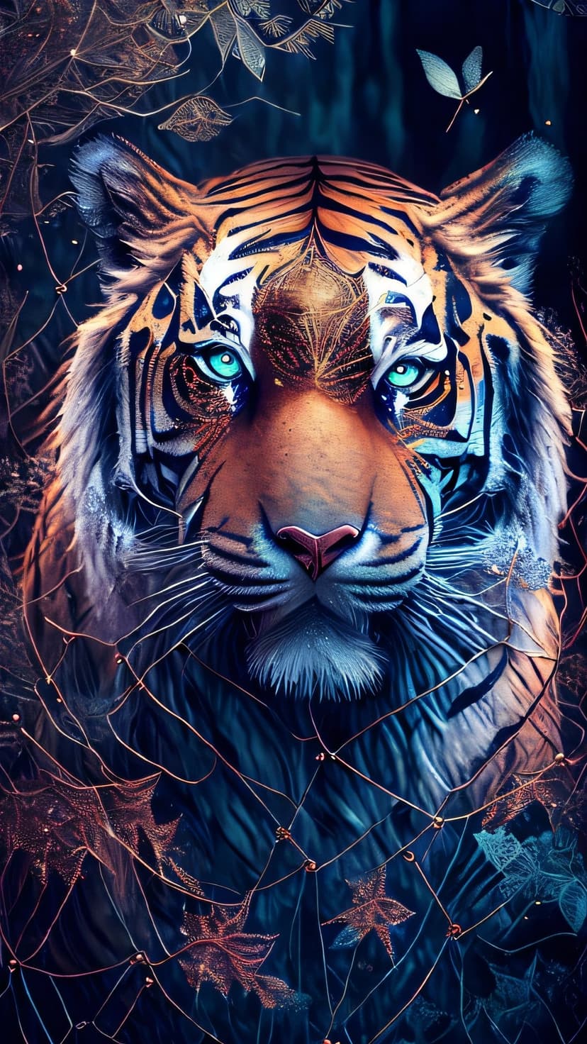 Tiger with luminous blue eyes and glowing fur patterns surrounded by mystical plants in a dark forest setting.