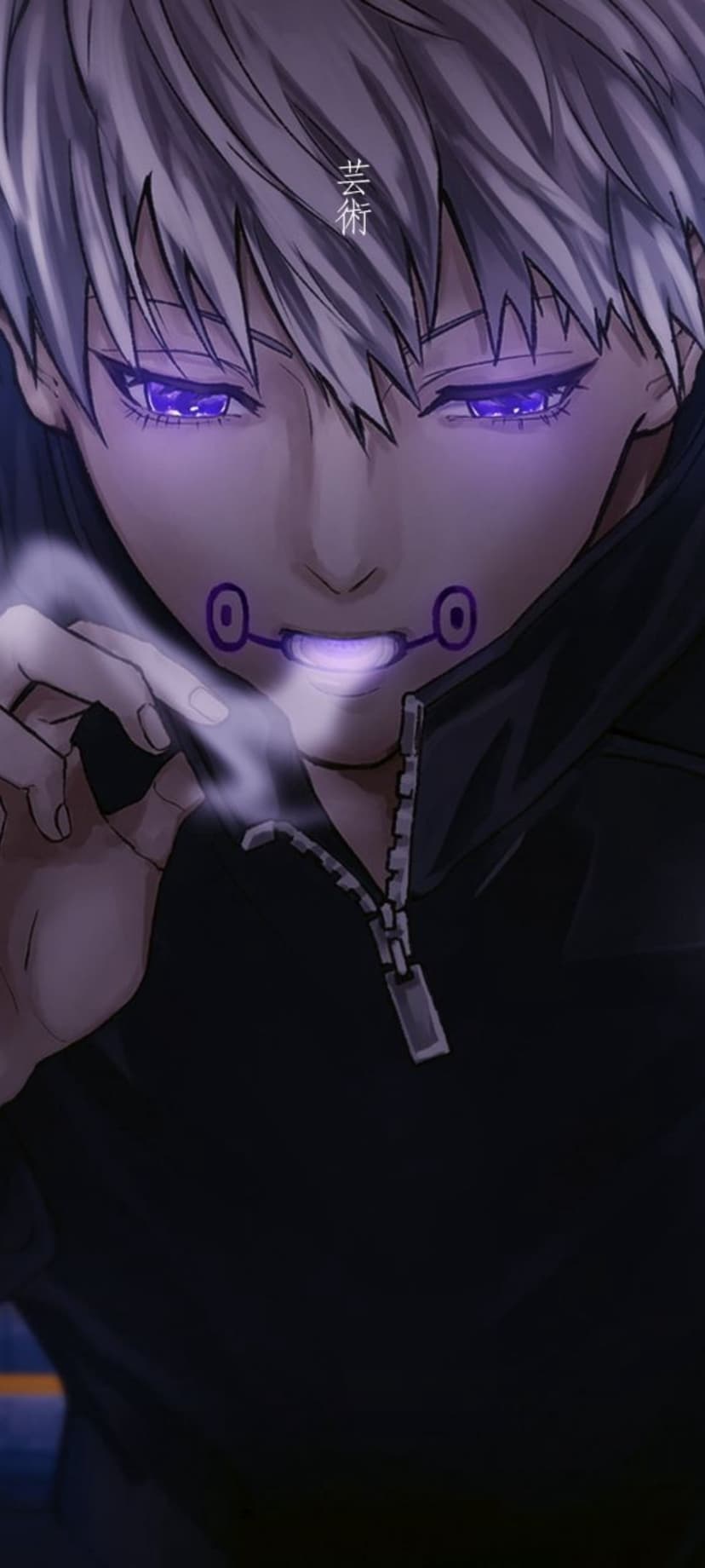 Anime boy with white hair, glowing purple eyes, and facial markings wears a dark hoodie amidst swirling smoke.