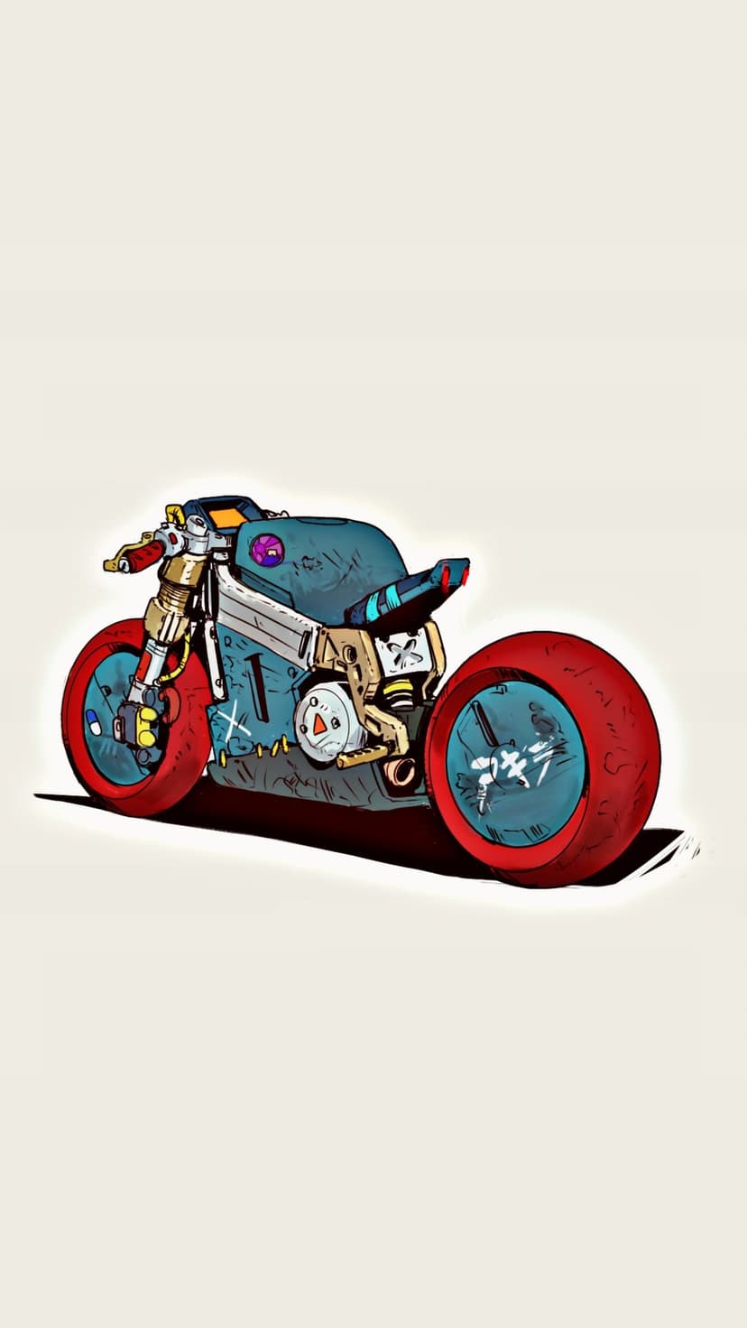 Futuristic blue motorcycle with glowing red wheels and intricate mechanical engine details on its frame.