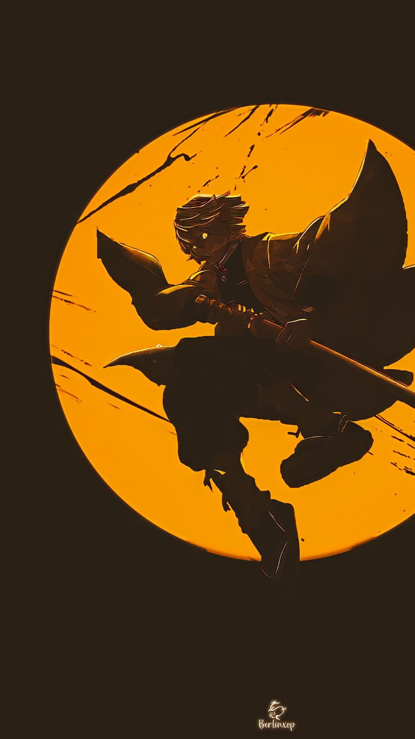 Zenitsu Agatsuma in a combat stance with a katana silhouetted against a large glowing orange moon at night.