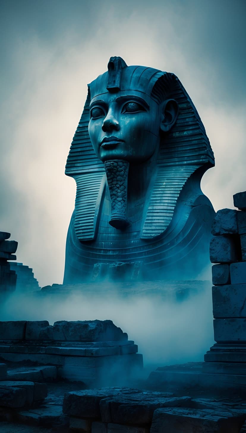 Weathered stone sphinx head surrounded by crumbling pillars and thick blue mist in a vertical night scene.