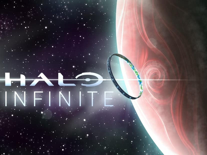 Detailed Halo ring world orbits a massive swirling red gas giant planet in a star-filled space scene.