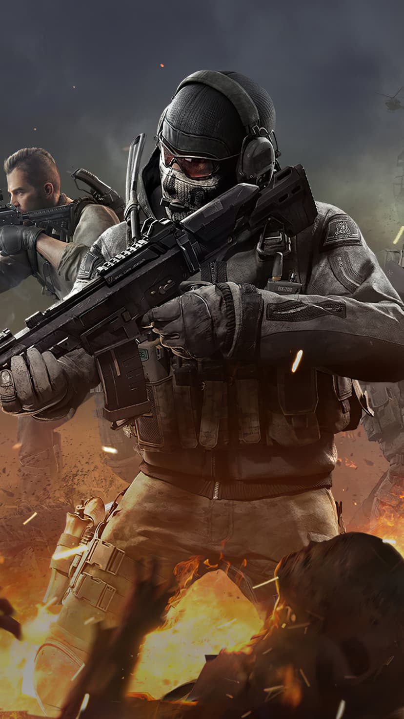 Soldier in a skull mask holding a rifle amidst explosions and smoke in a gritty war-themed scene.