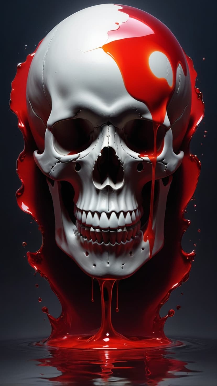 White skull dripping with thick red liquid against a dark gradient background with realistic fluid splashes.