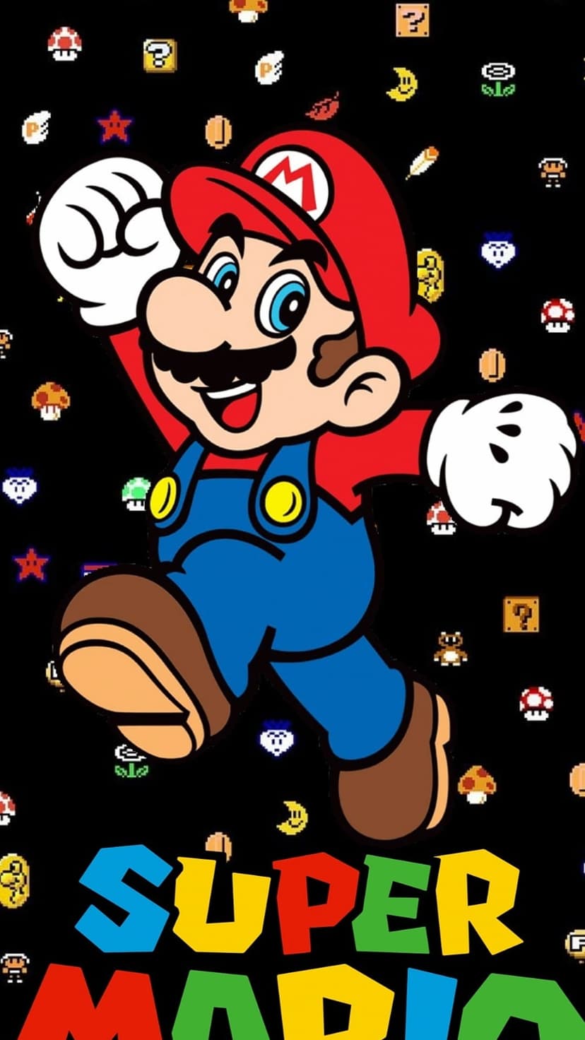 Super Mario runs past pixelated coins and stars against a black background on this high-contrast phone wallpaper.