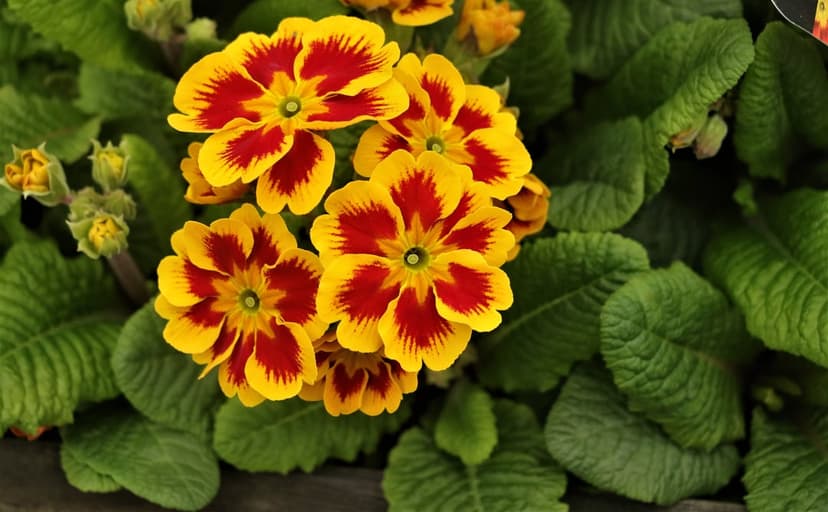 Yellow primrose flowers with red markings on petals surrounded by textured green leaves in a close-up garden view.