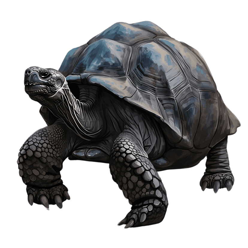 Realistic Galapagos tortoise profile painting showing wrinkled grey skin and textured brown shell on black.