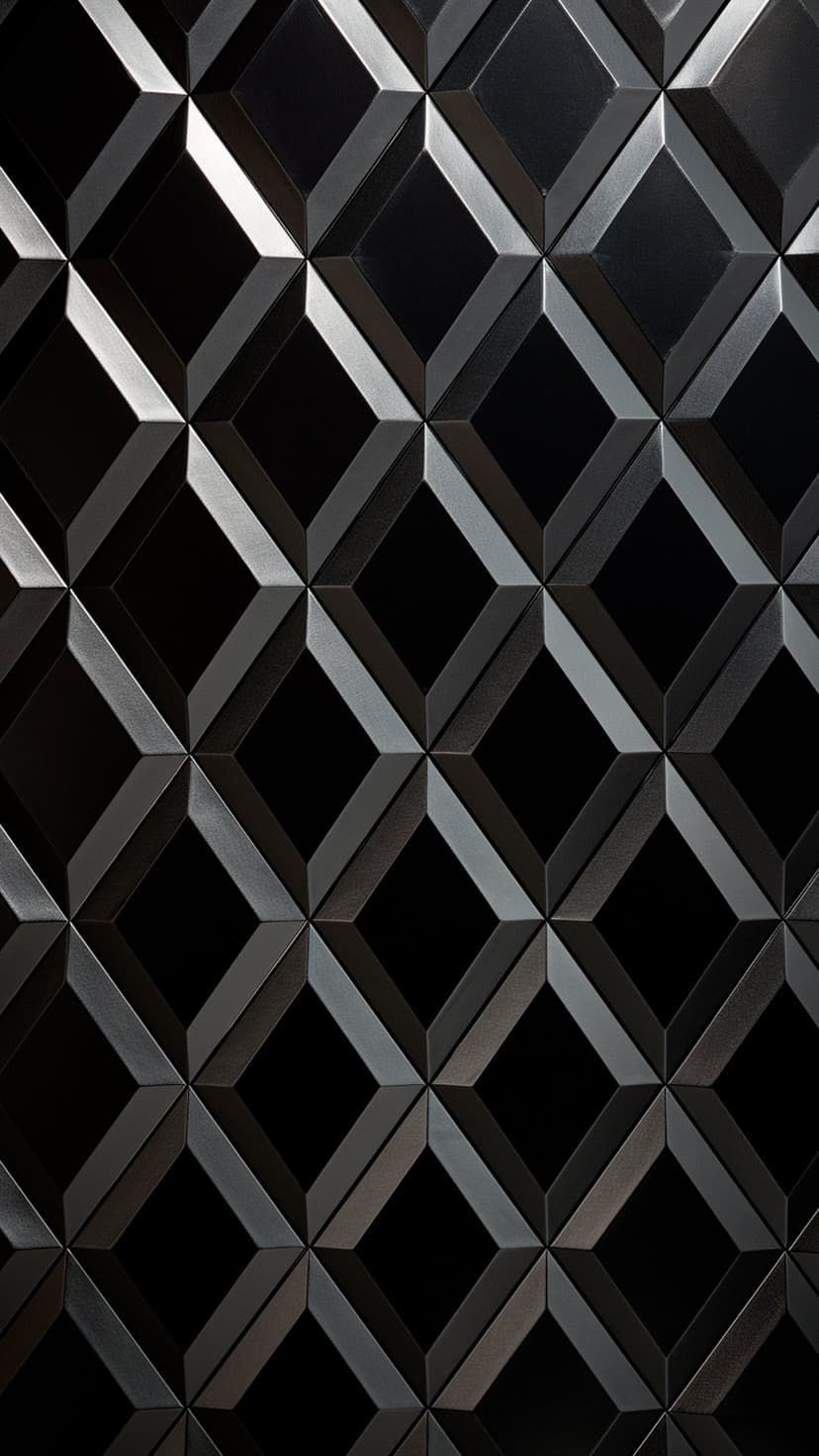 Interlocking dark grey diamond facets reflect soft light with deep shadows in a repeating geometric arrangement.