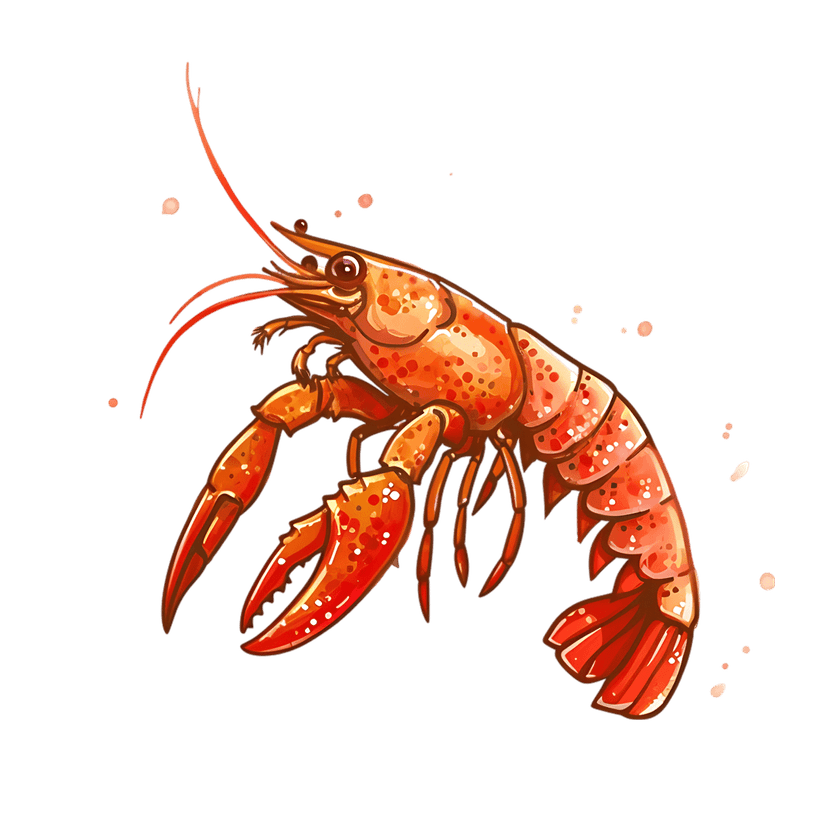 Red lobster illustration showing segmented shell textures and sharp claws against a dark background environment.