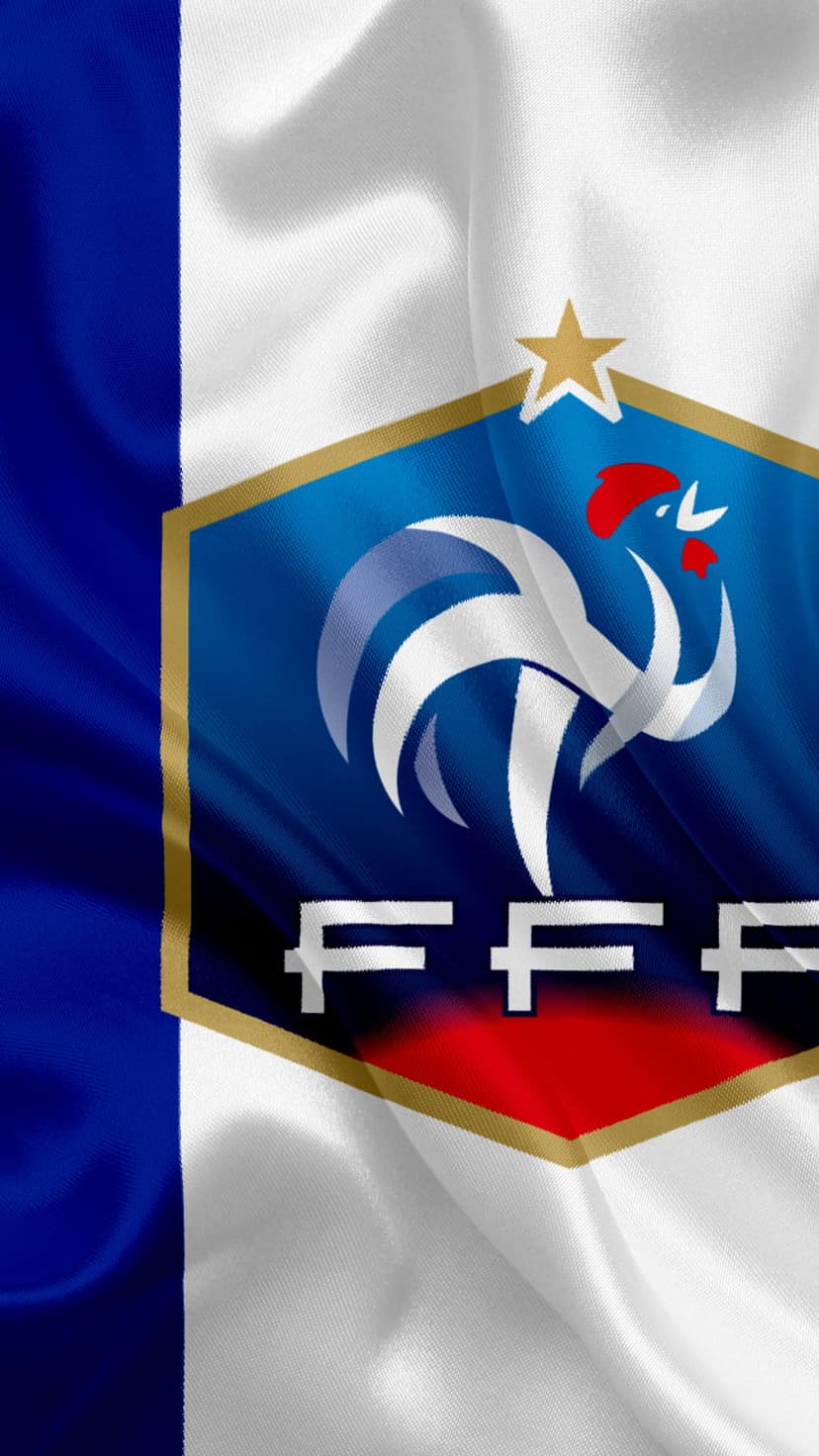 Gallic rooster emblem and FFF logo on blue, white, and red textured fabric with a gold border detail.