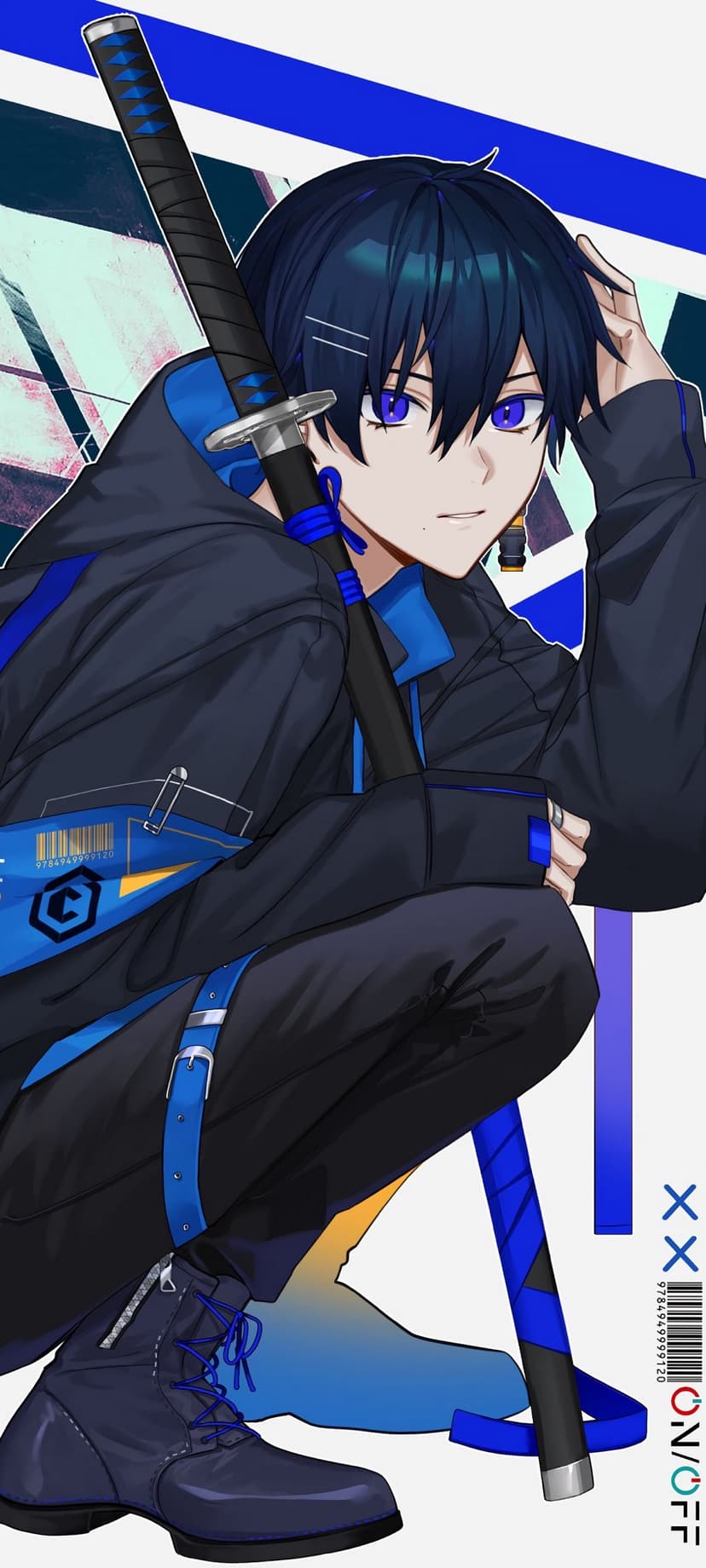 Anime boy with purple eyes and a katana wearing techwear boots and a dark jacket in a neon cyberpunk setting.