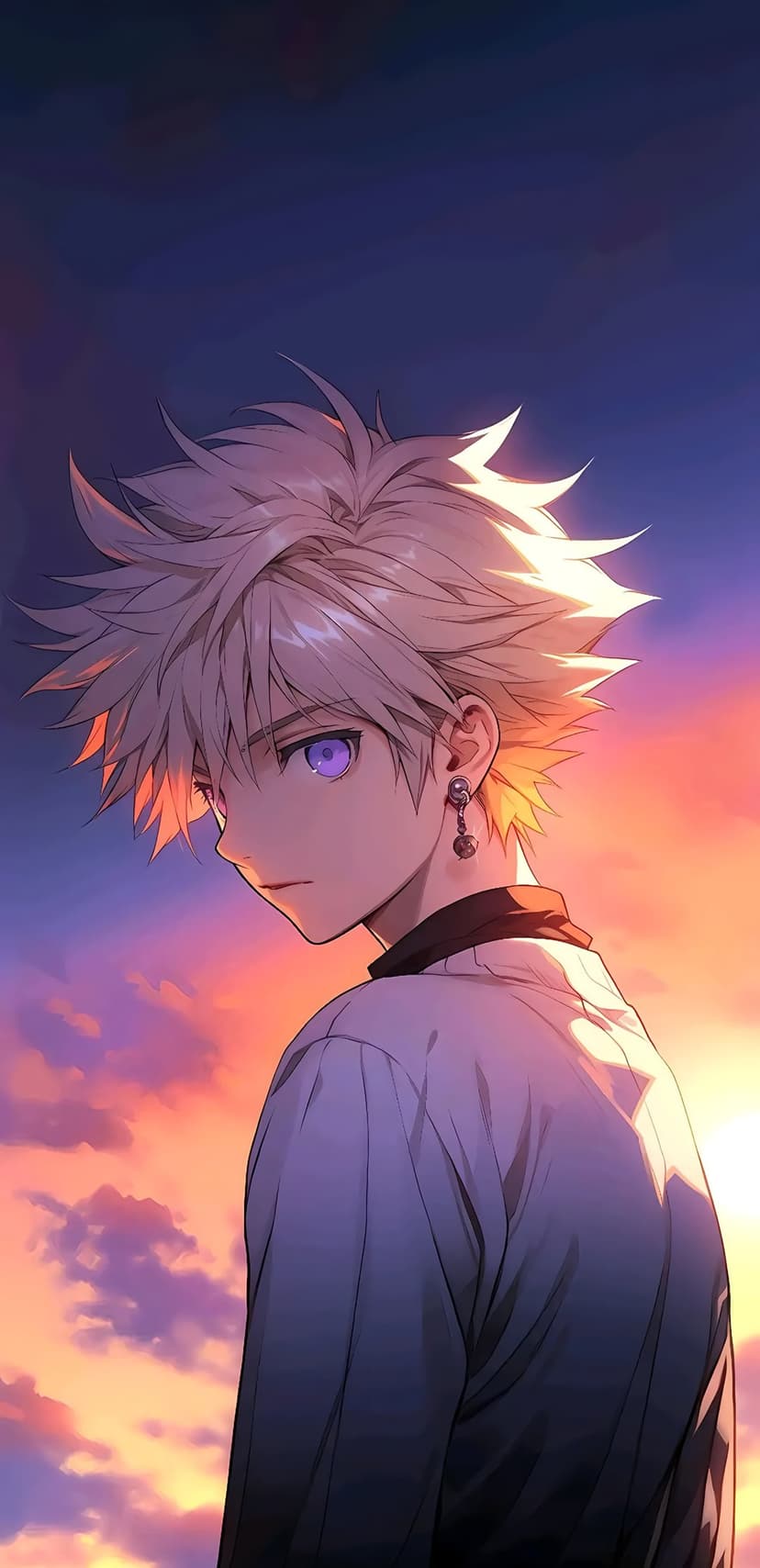 Spiky-haired boy with purple eyes looks away against a backdrop of orange and pink sunset clouds at twilight.