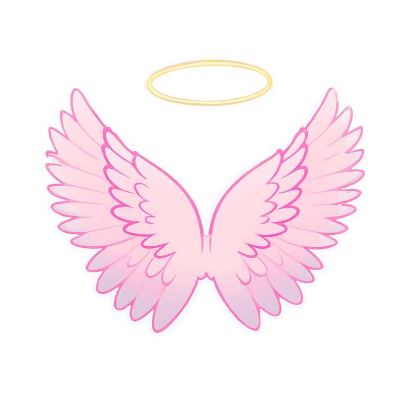 Pink angel wings with a golden halo feature soft feather details and a thick white sticker outline border.