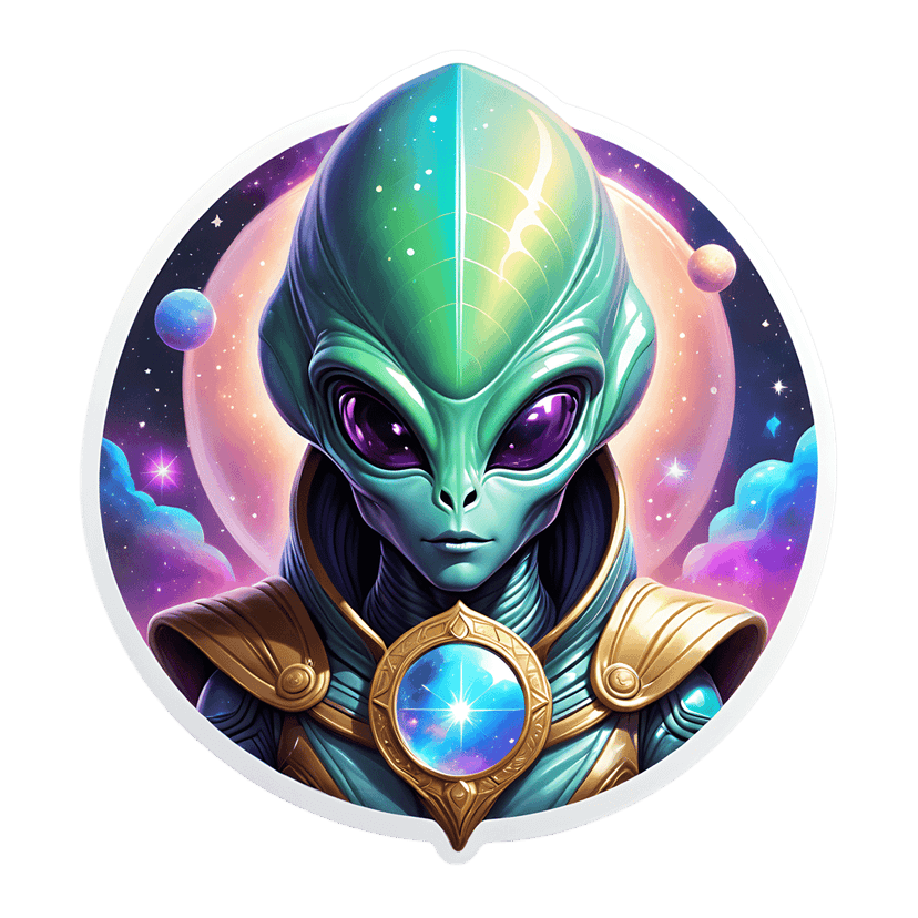 Green alien sticker with purple eyes wearing gold armor against a backdrop of colorful planets and nebulae.