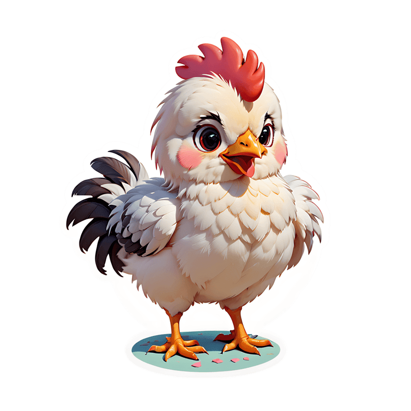 White chicken sticker featuring a red comb and fluffy feathers stands on a teal base with pink petals.
