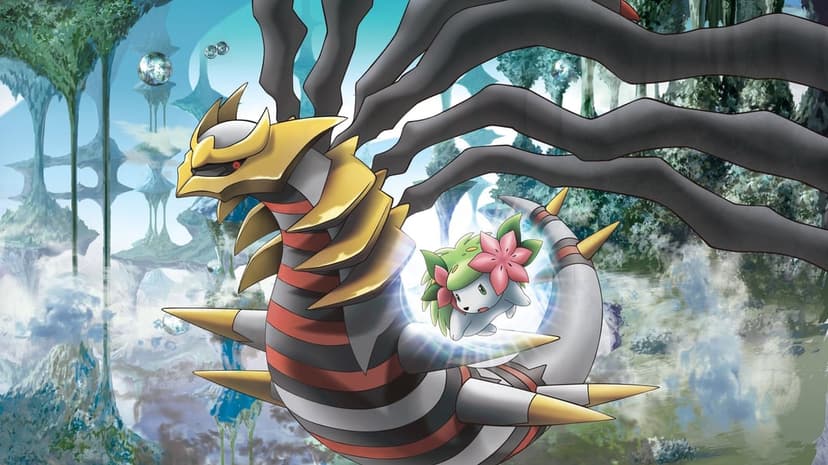 Giratina and Shaymin in the Distortion World with floating islands, glowing bubbles, and misty blue sky.