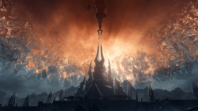 World of Warcraft Shadowlands citadel landscape with ethereal blue lighting and jagged gothic towers in mist.
