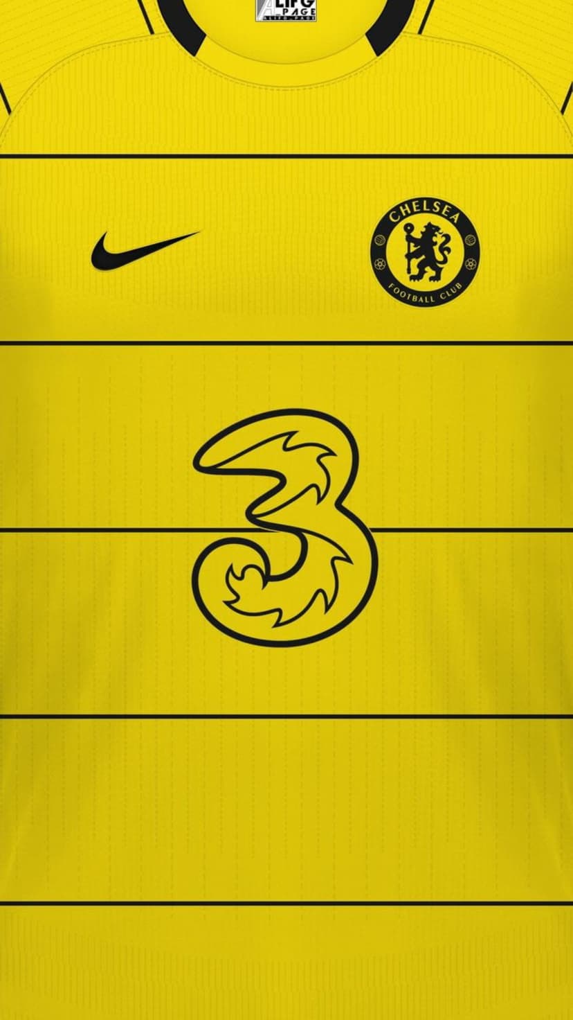Chelsea FC yellow football jersey with a black sponsor logo and club crest on a vertical fabric background.