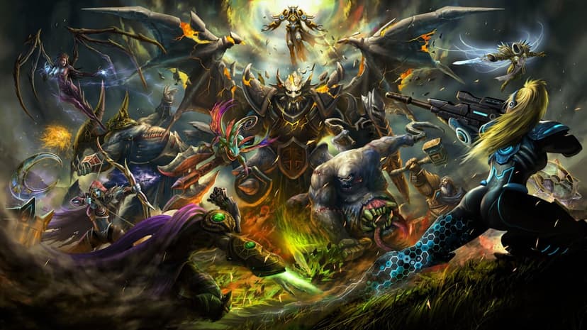 Blizzard heroes in a cinematic battle with Nova aiming a sniper rifle against a dark, energetic landscape.