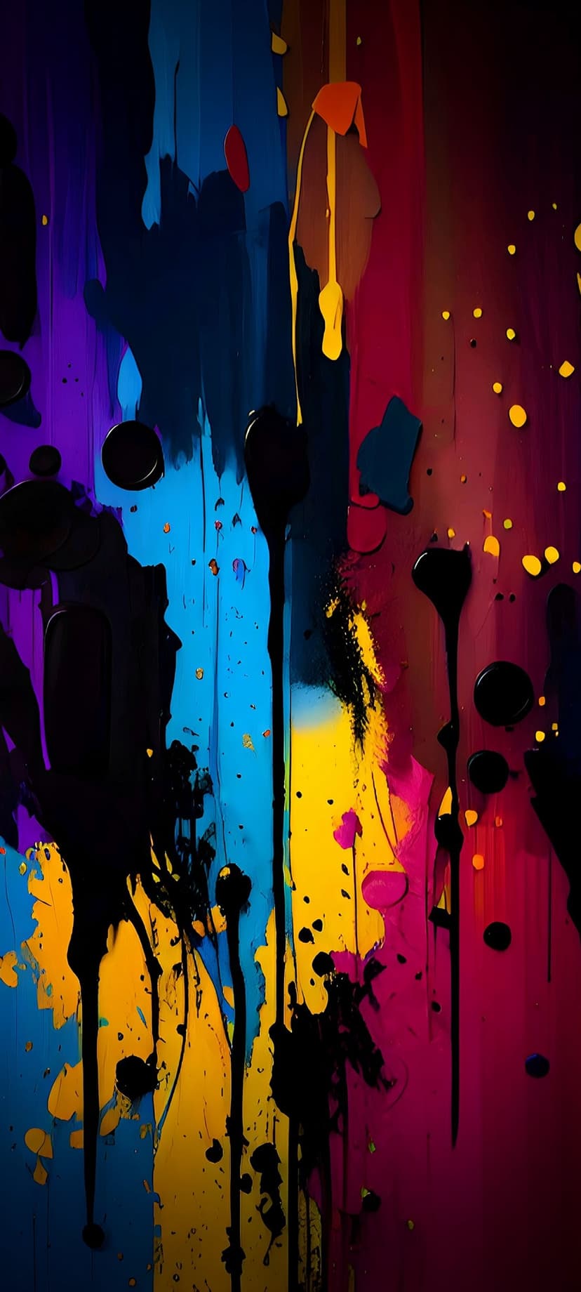 Purple, blue, and yellow paint drips cascade vertically with fine splatters and glossy liquid textures.