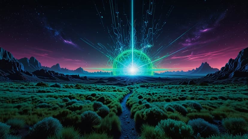 Glowing green orb projects a vertical beam above an alien path, purple mountains, and a starry nebula sky.