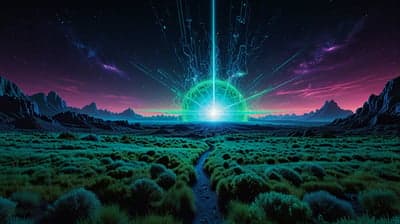 Radiant Emerald Orb Over Sci-Fi Valley Phone Background
