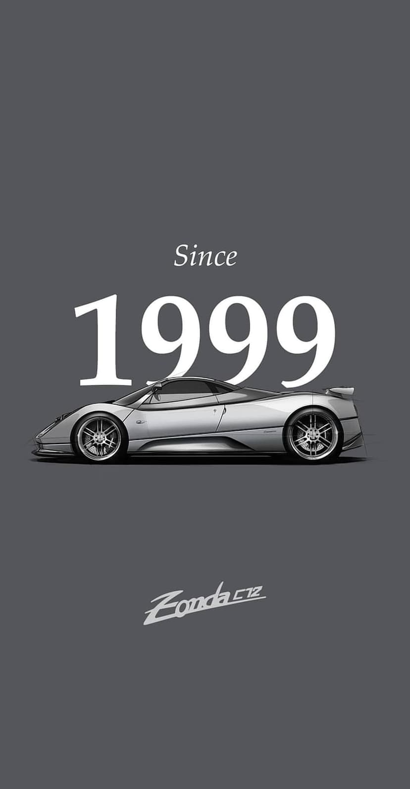 Pagani Zonda C12 with silver bodywork and quad exhausts captured in a vertical high-performance car profile.