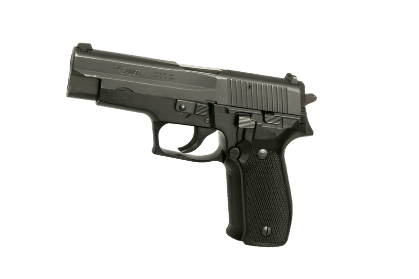 SIG Sauer P226 semi-automatic pistol features a matte black finish and textured grip against a dark background.